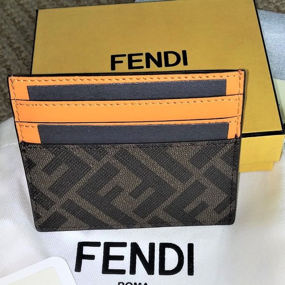 FENDI 'FF Logo w/ Orange Detail' Authentic Men's Canvas/Leather Card Holder NWT! - Picture 5 of 15